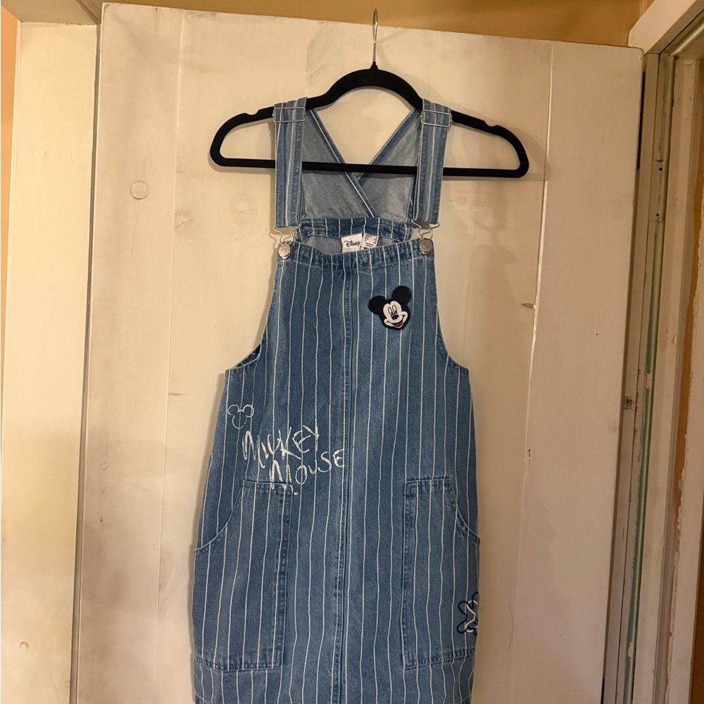 Disney Mickey Mouse Embroidered Denim Overall Dress Striped Women’s Sz 4 NWT